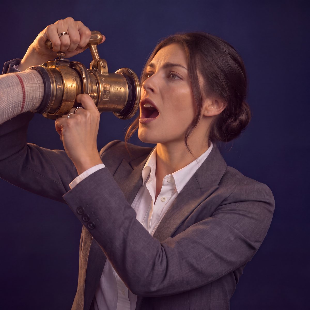 A young leader about to drink from a brass fire hose nozzle