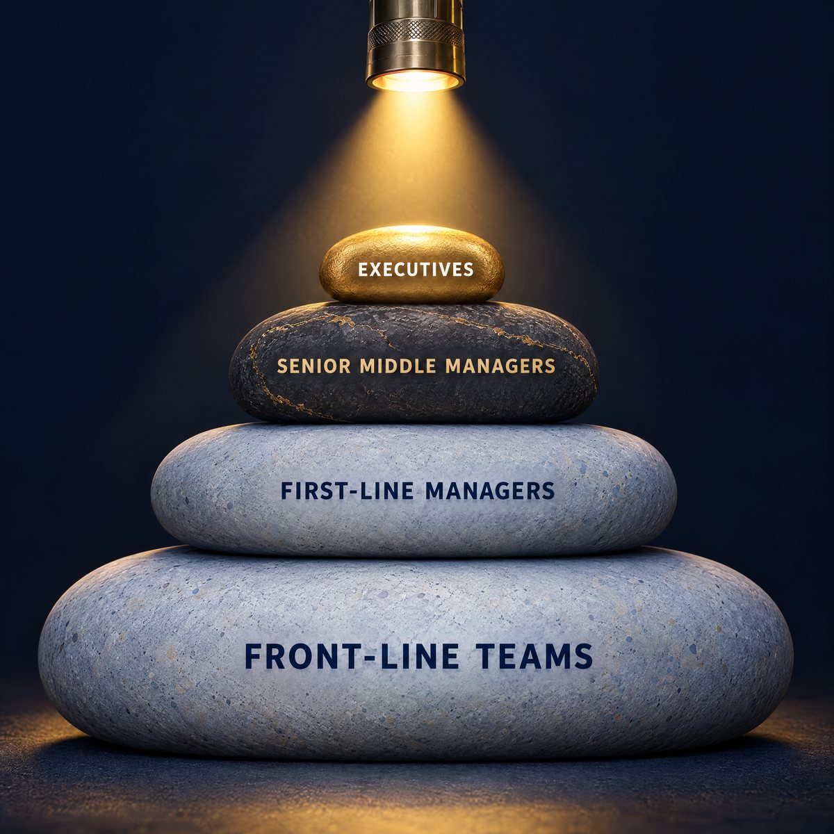 A torch shining on a stack of four pebbles: executives at the top, then senior middle managers, first-line managers and front-line teams